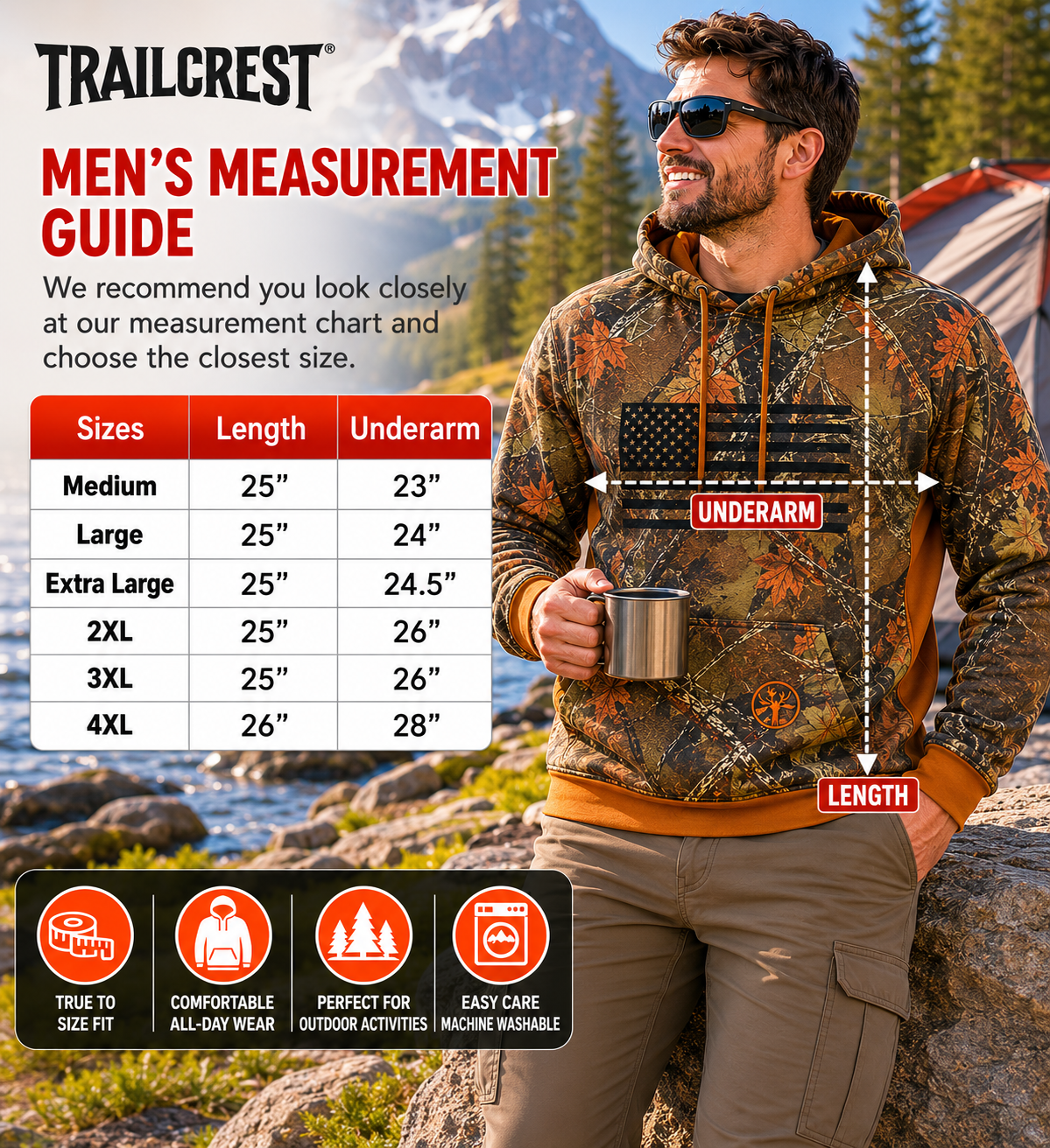 TrailCrest by Treel Mens Camo Hoodie Sweatshirt With Flag
