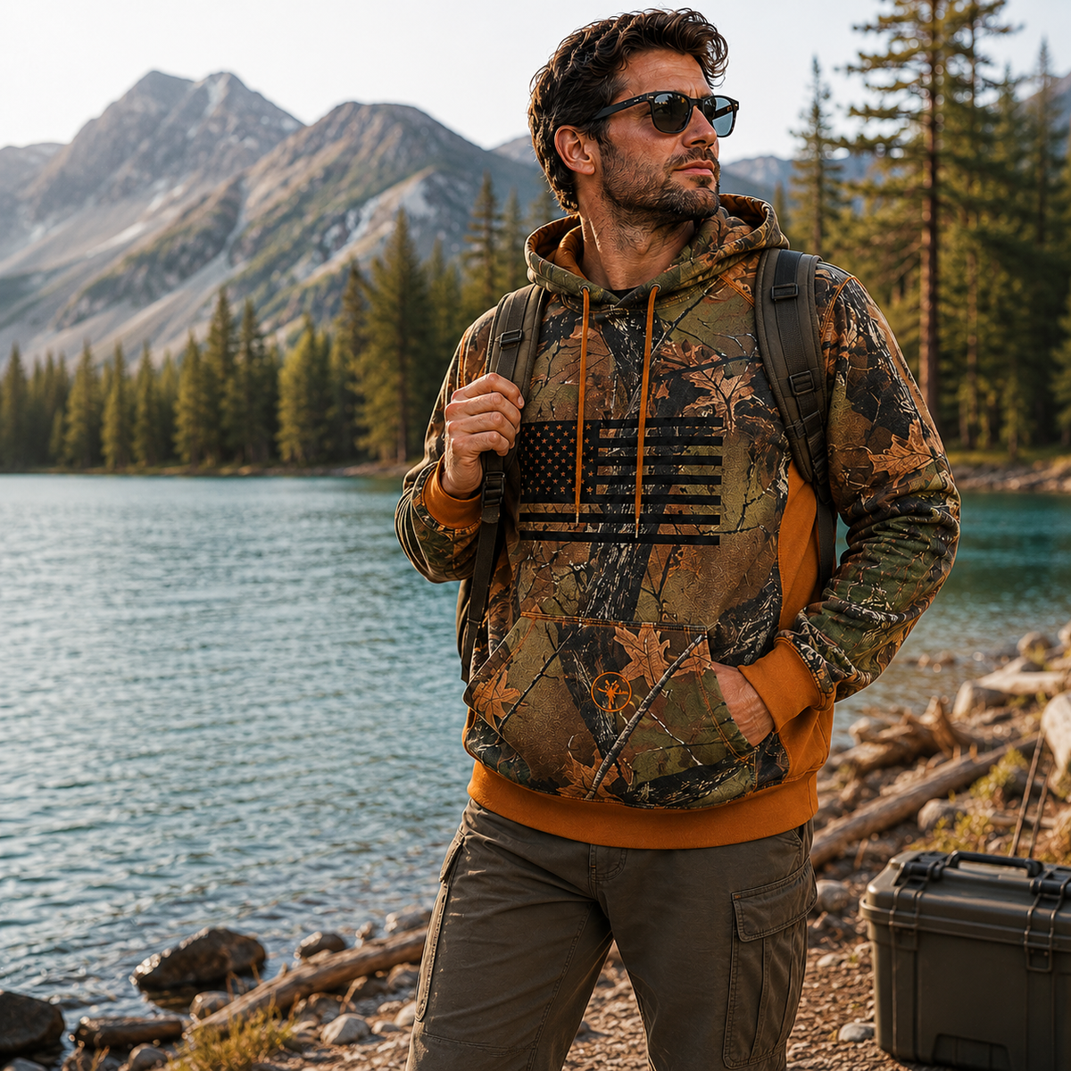 TrailCrest by Treel Mens Camo Hoodie Sweatshirt With Flag
