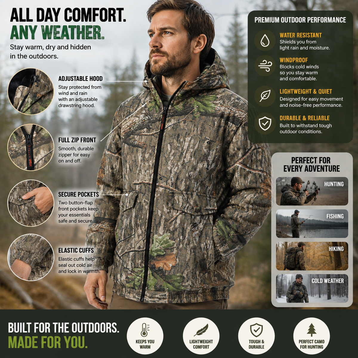 Mossy Oak Men's Insulated Camo Jacket – Country Roots Pattern – Quilted Lining, Cotton Twill Shell, Cold Weather Work Jacket