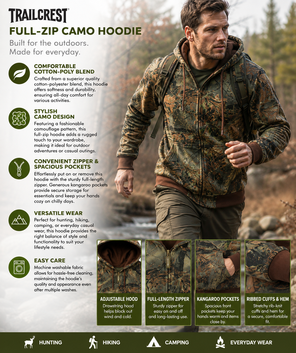 TrailCrest by Treel Men’s Camo Full Zip Up Hoodie Sweatshirt Fashion Hooded Jacket