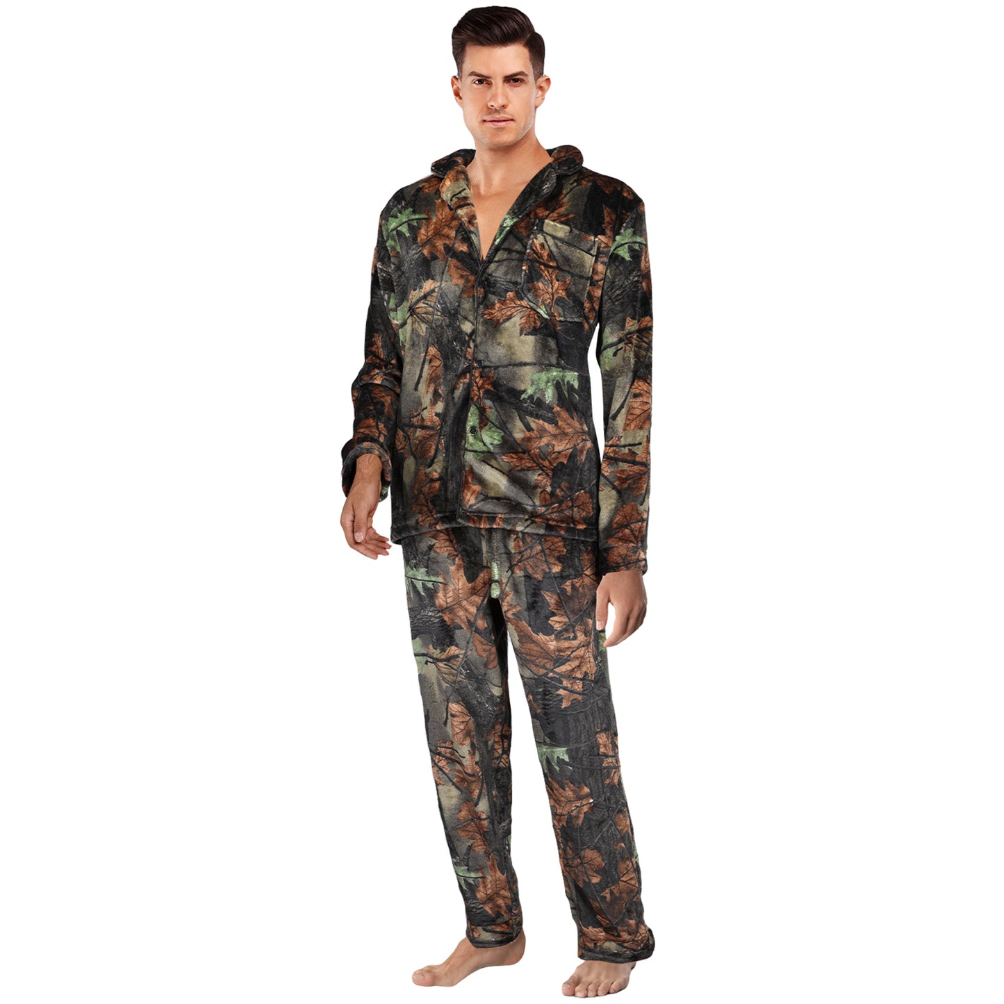 TrailCrest by Treel Camo Soft Plush Fleece Button Down Long Sleeve Shirt & Pants Pajama Lounge Set