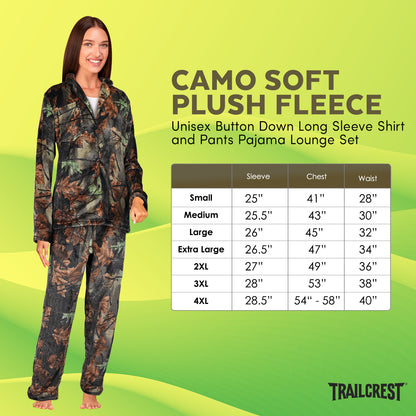 TrailCrest by Treel Camo Soft Plush Fleece Button Down Long Sleeve Shirt & Pants Pajama Lounge Set