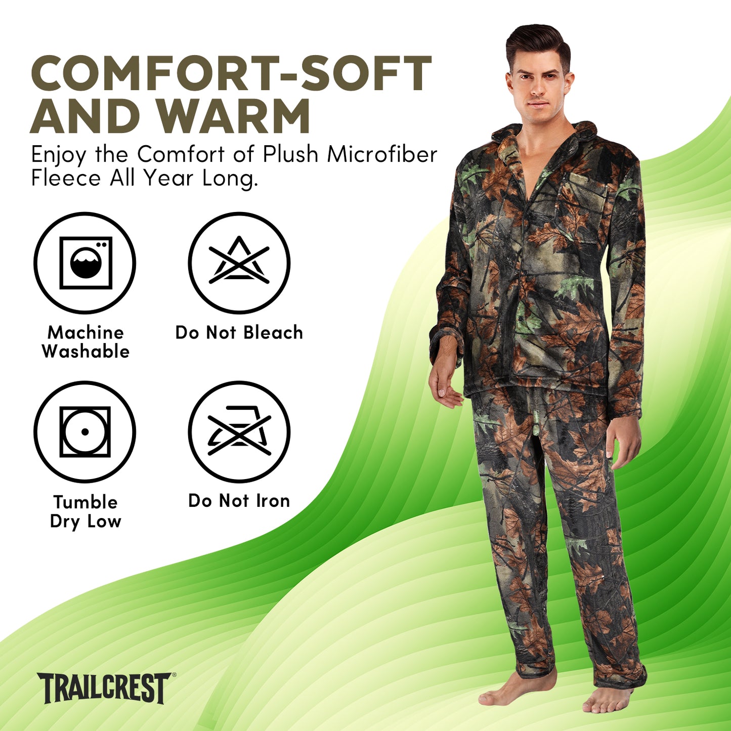 TrailCrest by Treel Camo Soft Plush Fleece Button Down Long Sleeve Shirt & Pants Pajama Lounge Set