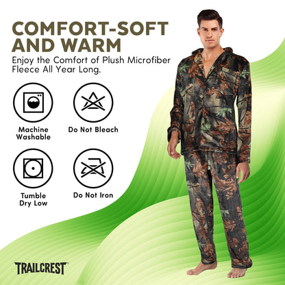 TrailCrest by Treel Camo Soft Plush Fleece Button Down Long Sleeve Shirt & Pants Pajama Lounge Set