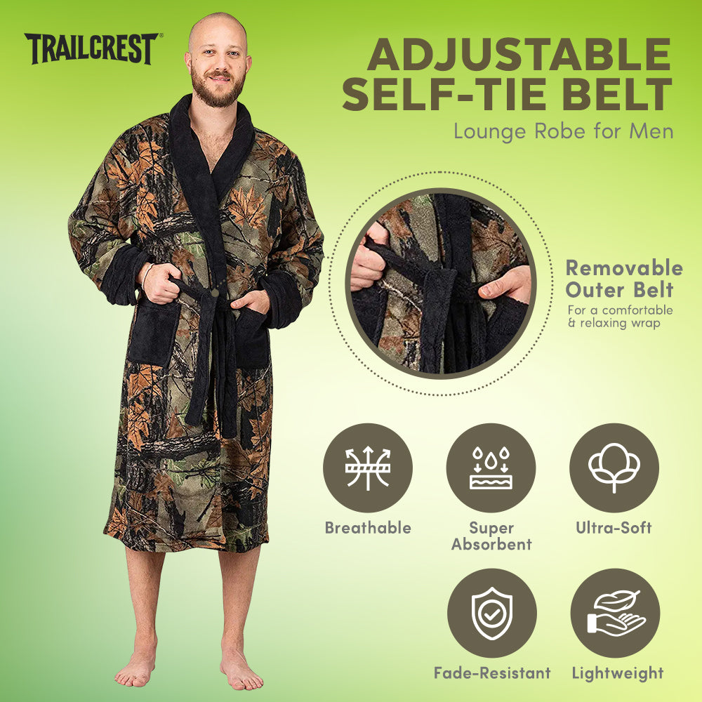 TrailCrest by Treel Men's Camo Polar Fleece Plush Bathrobe - with Shawl Collar