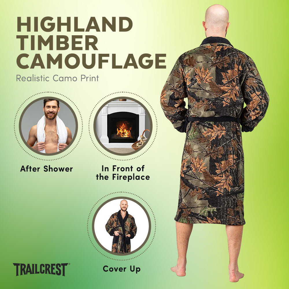 TrailCrest by Treel Men's Camo Polar Fleece Plush Bathrobe - with Shawl Collar