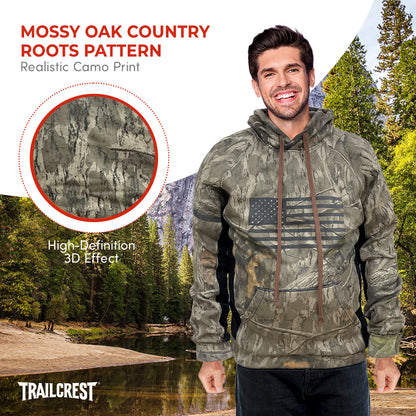TrailCrest by Treel Men's Mossy Oak Hoodie Sweatshirt - Comfortable Stylish Jacket for Outdoor Activities, Hunting and Casual Wear, Country Roots / Bottomland Camo