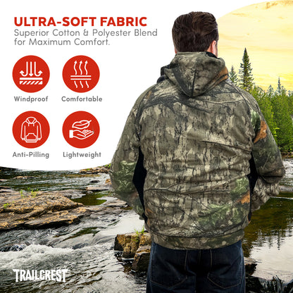 TrailCrest by Treel Men's Mossy Oak Hoodie Sweatshirt - Comfortable Stylish Jacket for Outdoor Activities, Hunting and Casual Wear, Country Roots / Bottomland Camo