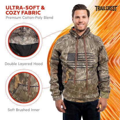 TrailCrest by Treel Men's Mossy Oak Hoodie Sweatshirt - Comfortable Stylish Jacket for Outdoor Activities, Hunting and Casual Wear, Country Roots / Bottomland Camo