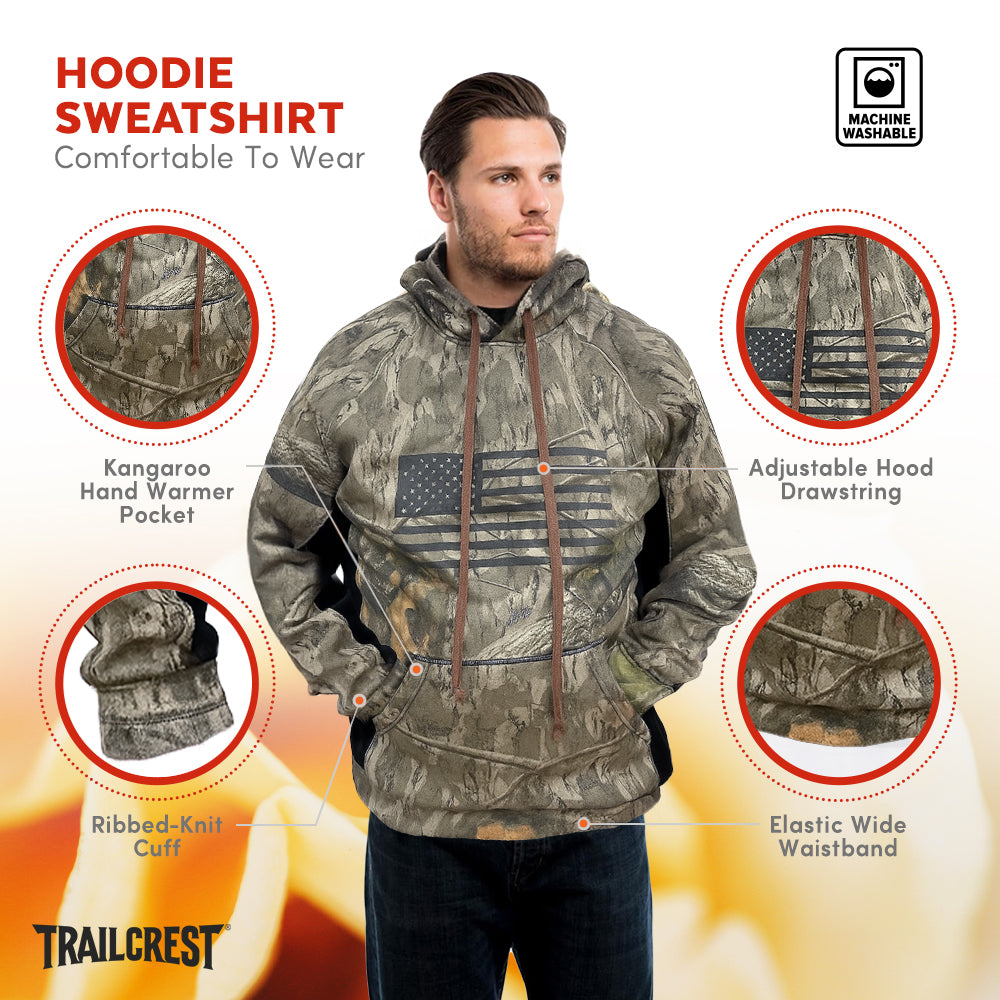 TrailCrest by Treel Men's Mossy Oak Hoodie Sweatshirt - Comfortable Stylish Jacket for Outdoor Activities, Hunting and Casual Wear, Country Roots / Bottomland Camo