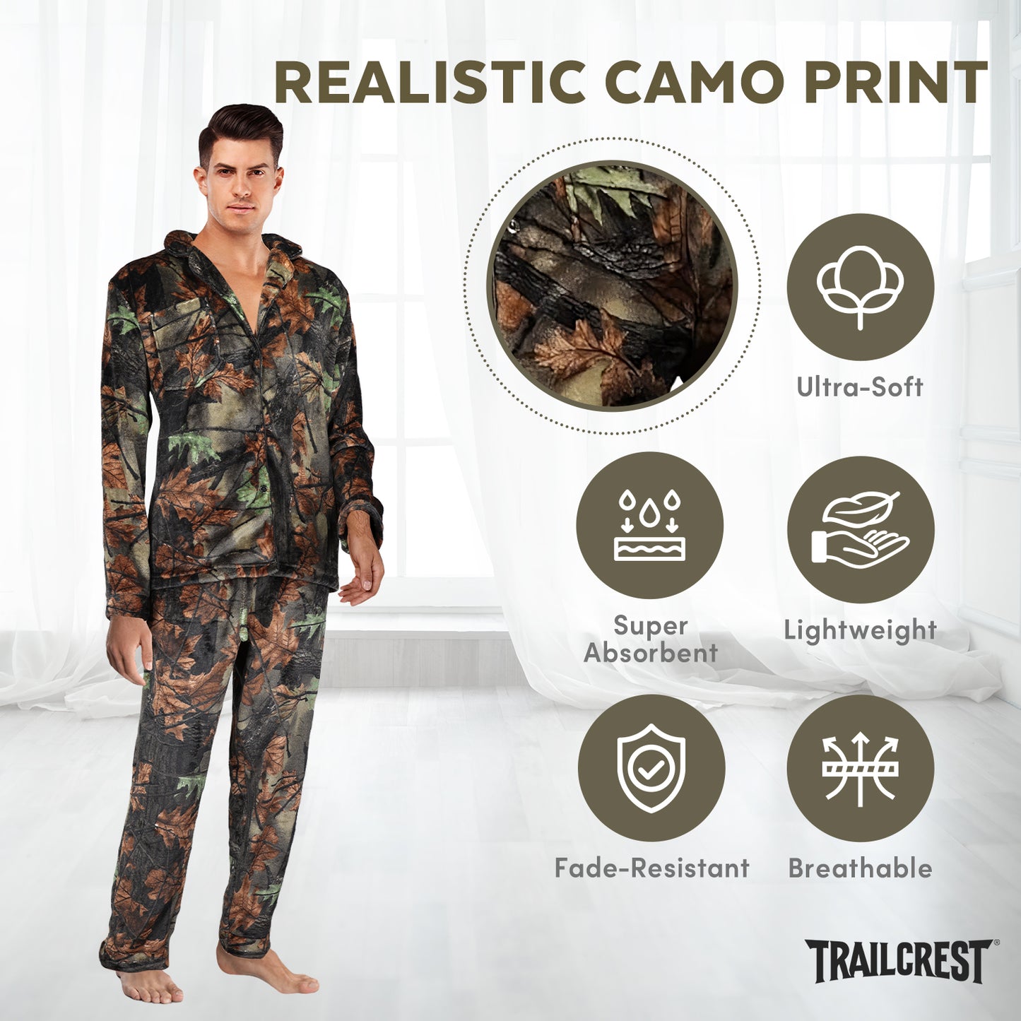 TrailCrest by Treel Camo Soft Plush Fleece Button Down Long Sleeve Shirt & Pants Pajama Lounge Set