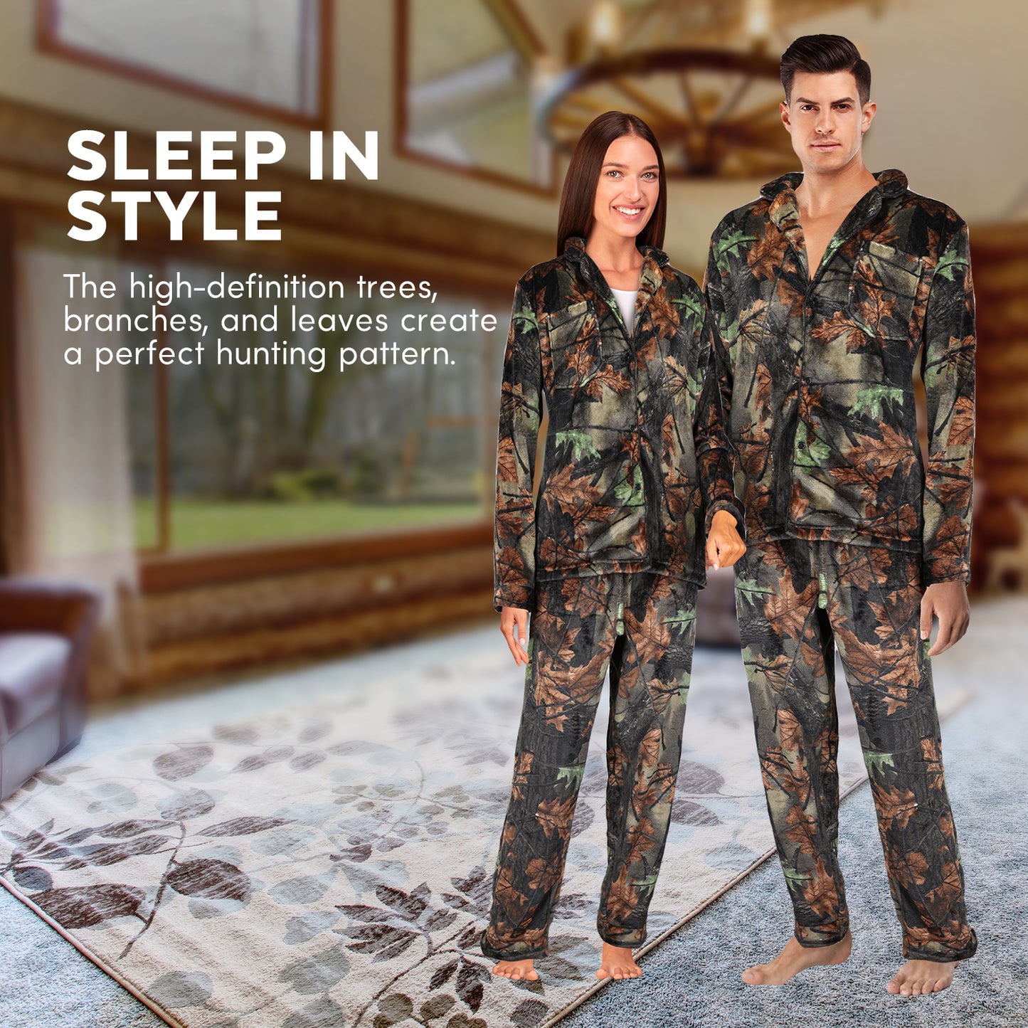 TrailCrest by Treel Camo Soft Plush Fleece Button Down Long Sleeve Shirt & Pants Pajama Lounge Set