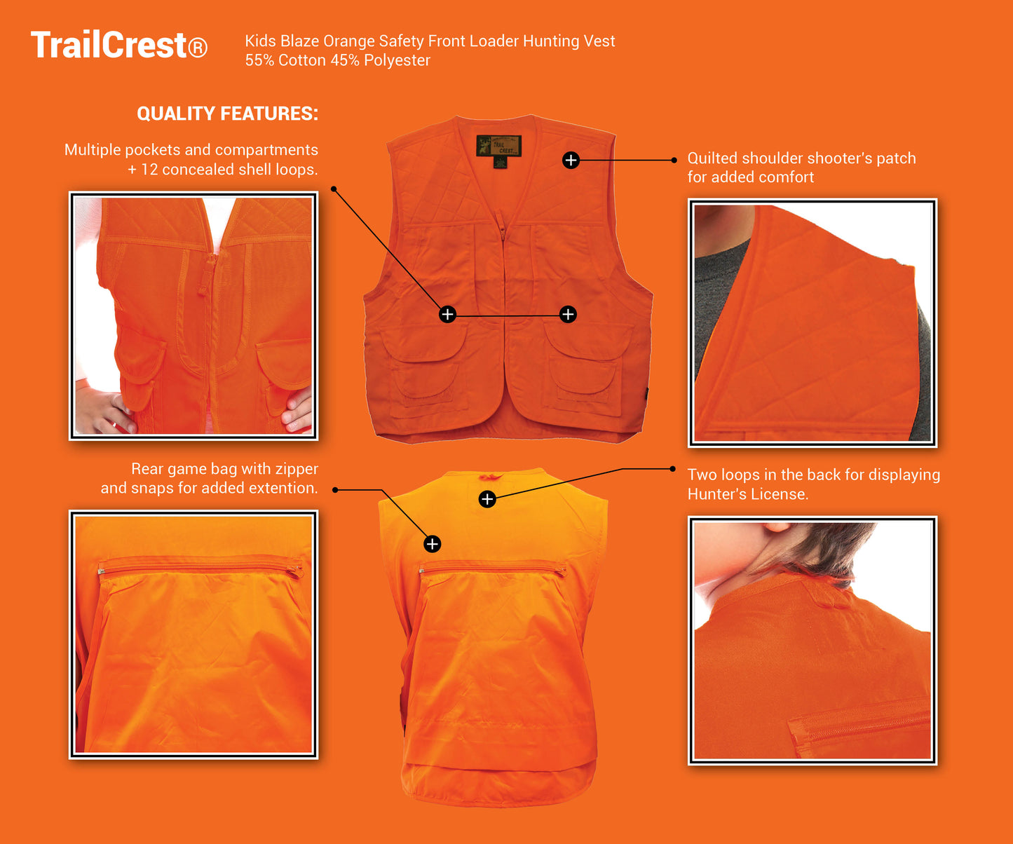 TrailCrest by Treel Kids Blaze Orange Safety Front Loader High Visibility Hunting Vest