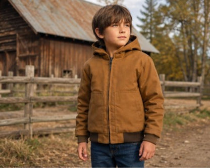 Kids Insulated Brown Duck Hooded Jacket for Outdoor Winter Wear