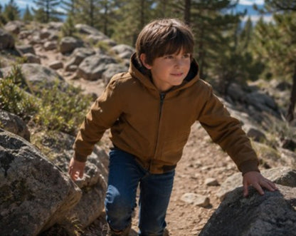 Kids Insulated Brown Duck Hooded Jacket for Outdoor Winter Wear