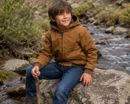 Kids Insulated Brown Duck Hooded Jacket for Outdoor Winter Wear