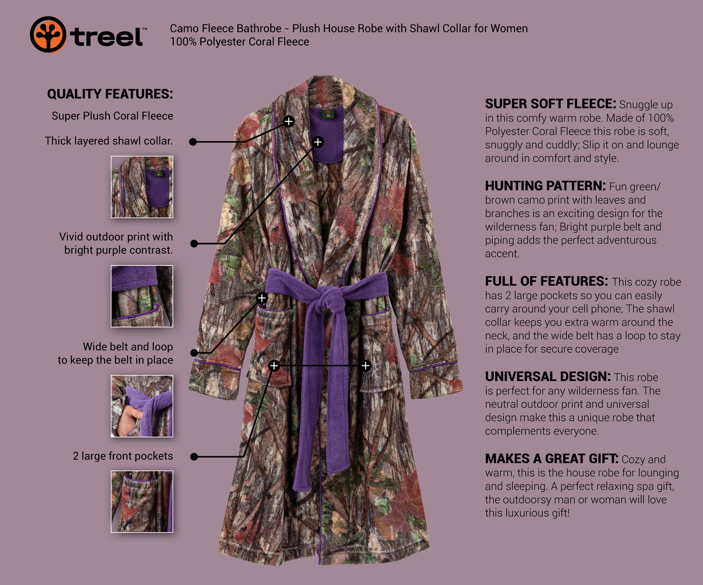 Coral Fleece Camo Lounge Robe, Purple