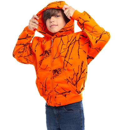 Kid's Orange Safety Full Zip Fleece Hooded Sweatshirt Hunting Jacket