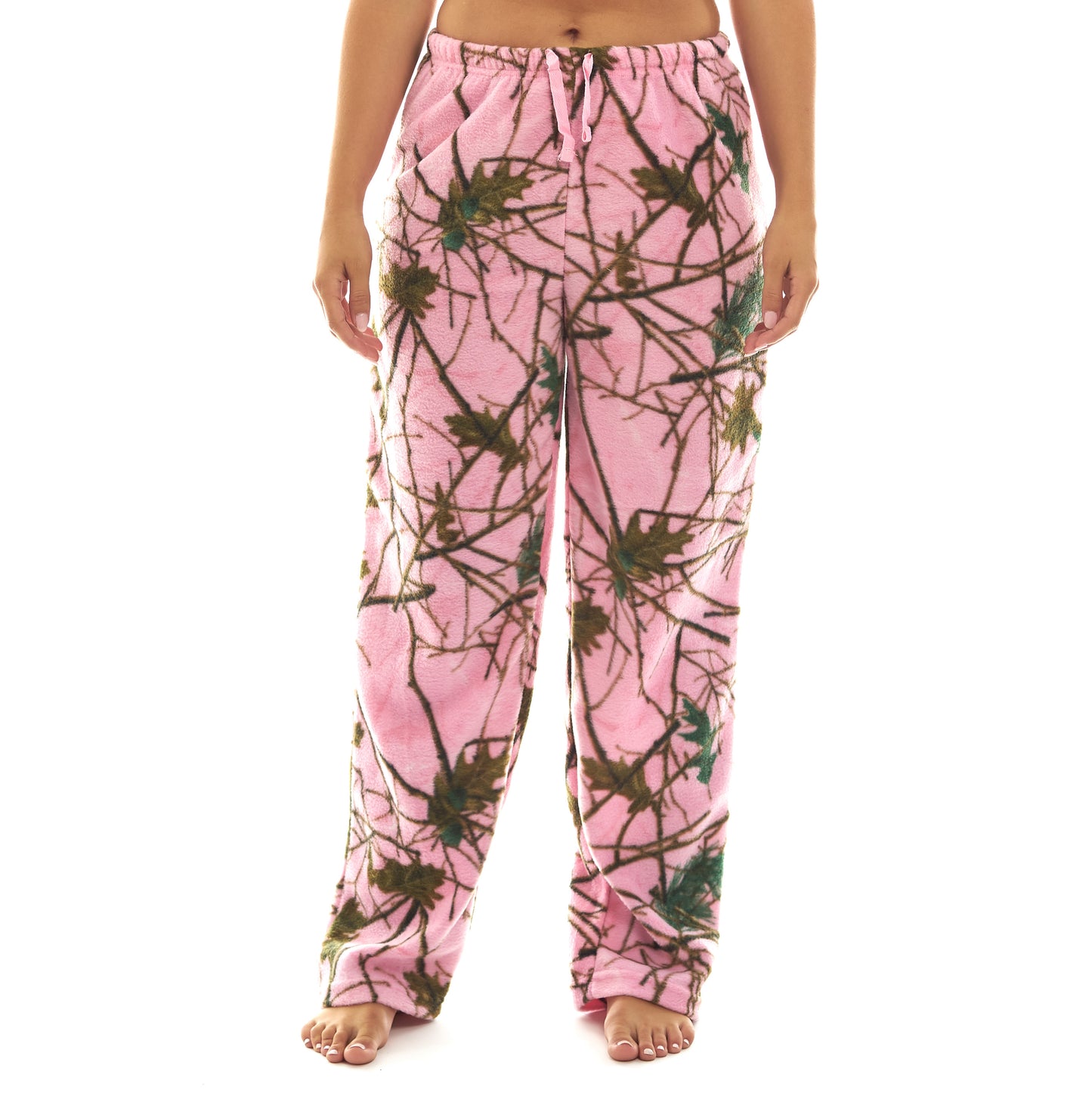 Women's Open Bottom Sleep and Lounge Casual Plush Soft Coral Fleece Camo Pajama Pants
