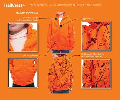 Kid's Orange Safety Full Zip Fleece Hooded Sweatshirt Hunting Jacket